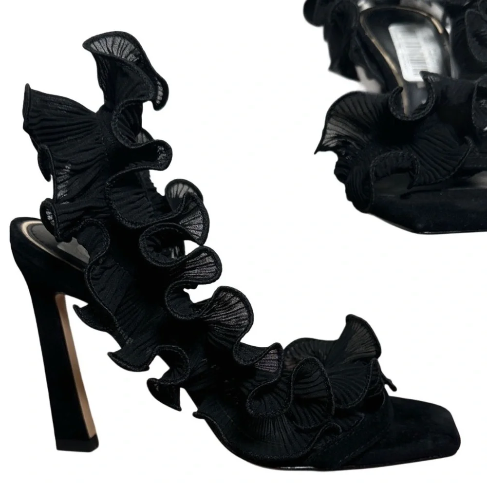GIANNI BINI NEW BLACK RUFFLED HEELS - Picture 2 of 9